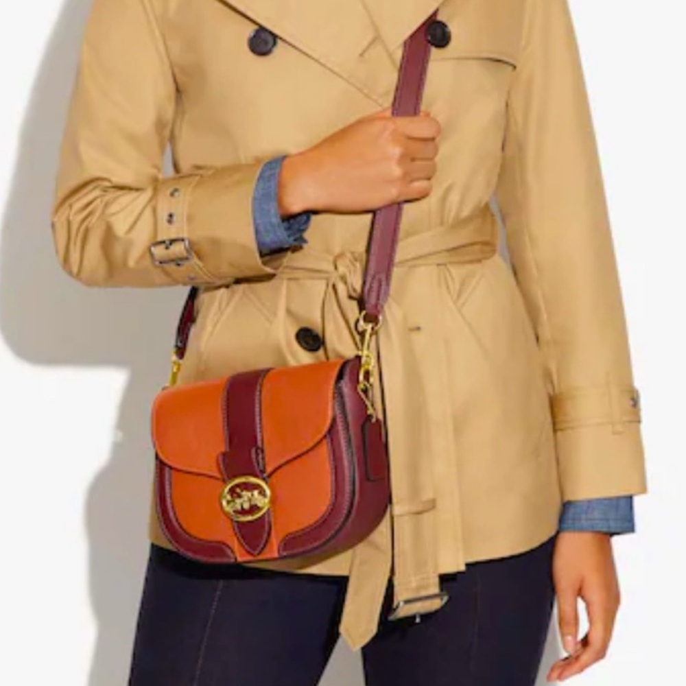 COACH - Georgie Saddlebag in Orange and Burgundy Colorblock - Picture 2 of 13